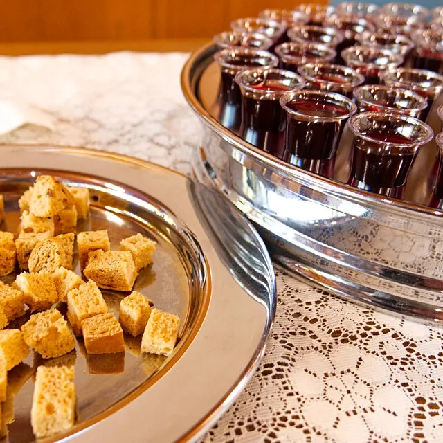 Communion with gluten-free bread and grape juice